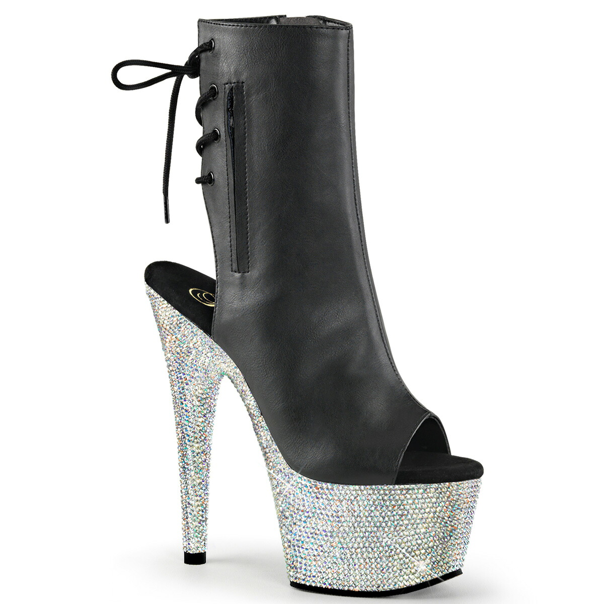 PLEASER BEJEWELED-1018DM-7 レディース ラインストーン プラットフォーム オープントゥ\u0026ヒール ジップポケット付き レースバック アンクルブーツ