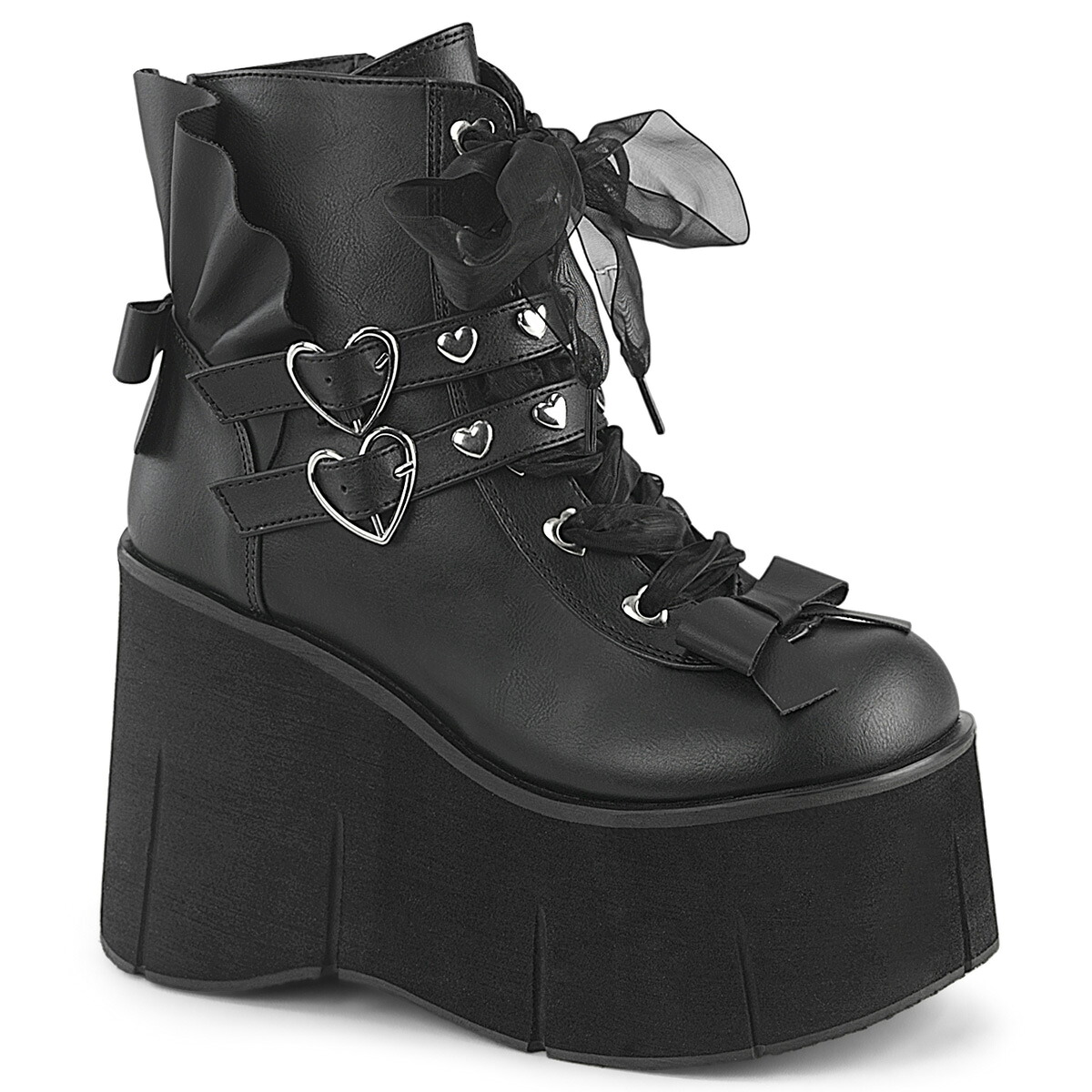 DEMONIA by PLEASER KERA-55 プリーザー レディース プラットフォーム ダブルハートスタッズ&ハートバックルストラップ、ラッフル&ボウ シアーリボン レースアップ アンクルブーツ|HOT GIRL