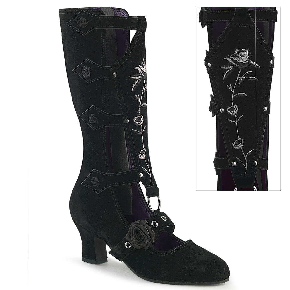 DEMONIA by PLEASER WHIMSY-118 デモニア  レディース  サクラ色刺・墸 棺型遮蔽物 w/エラスティックローズボタン 二分の一ブーツ