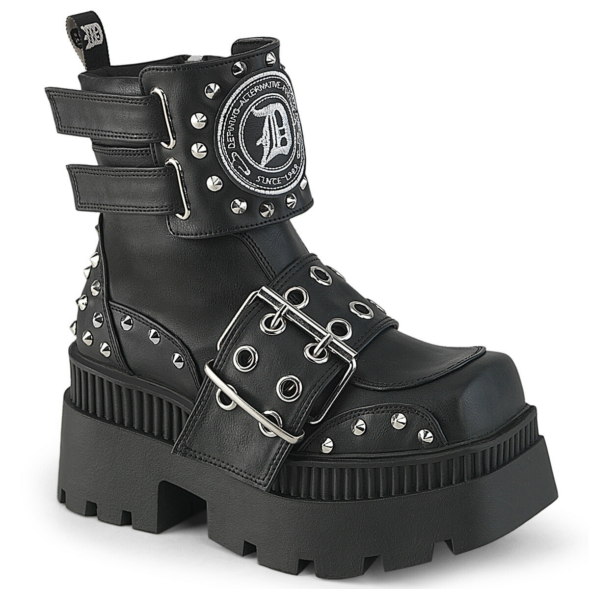 DEMONIA by PLEASER WRATH-58 プリーザー レディース チャンキーヒール スクエアトゥ プラットフォーム ダブグロメット バックルストラップ ＆Demonia パッチシールド アンクルブーツ