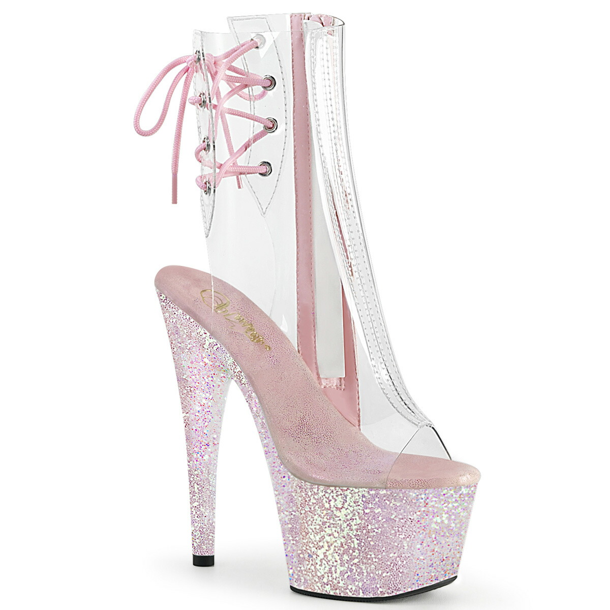 PLEASER　ADORE-1018C　レディース プラットフォーム オープントゥ＆ヒール バックレース クリア アンクルブーツ