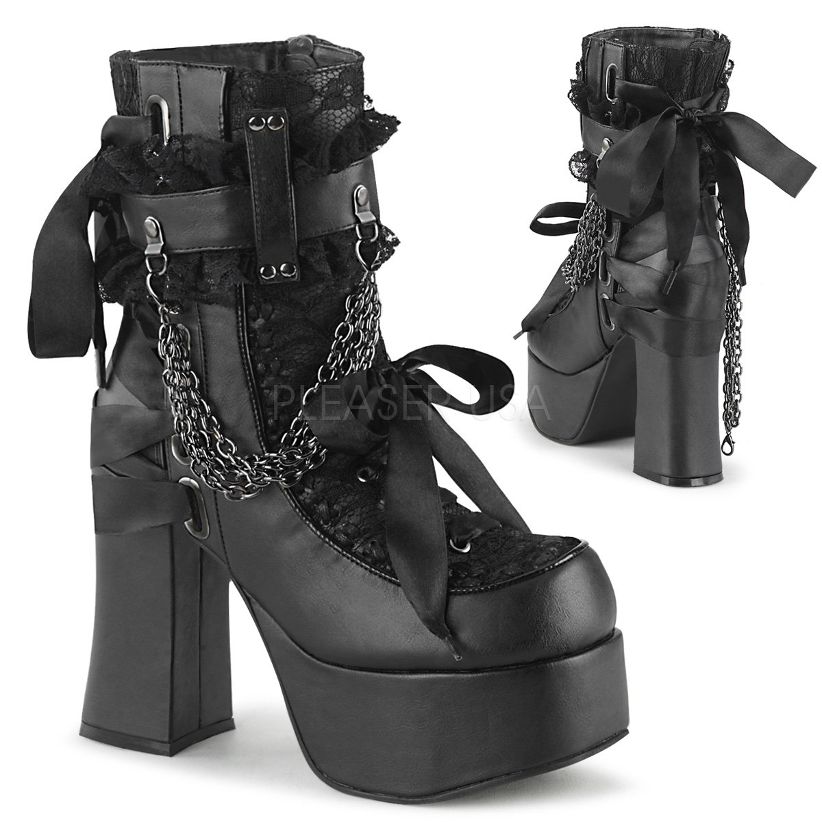 DEMONIA by PLEASER CHARADE-110 プリーザー レディース厚底 サテンリボン&レース アンクル ブーツ (ラッフル アンクルストラップ W/ハンギング チェーン ディテール)