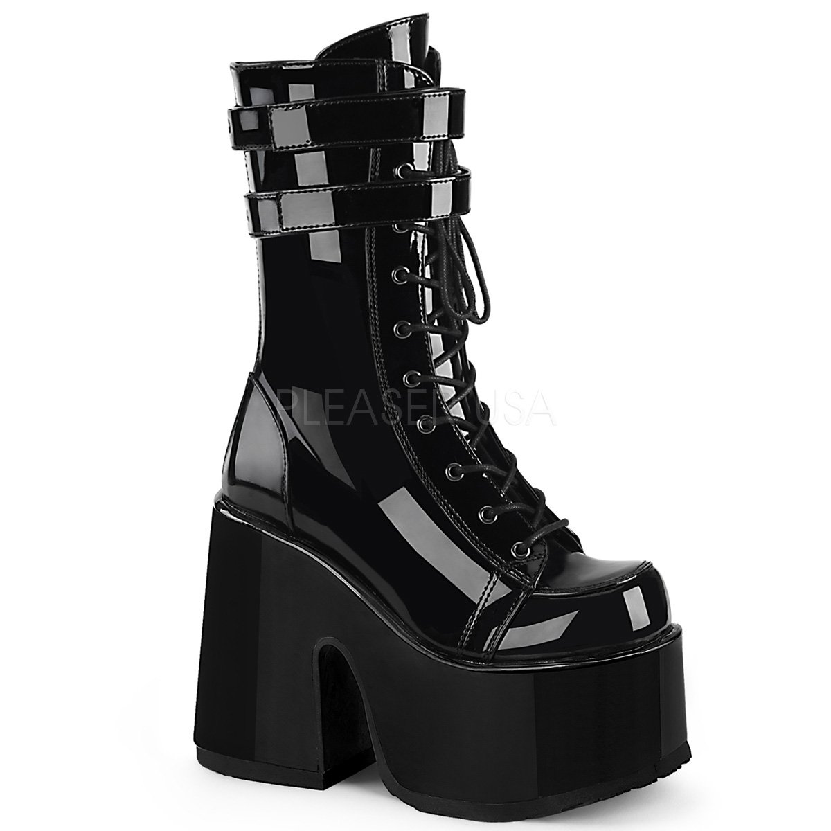 DEMONIA by PLEASER CAMEL-250 プリーザー レディース チャンキーヒール レースアップ ハーフ ブーツ （ダブルフック＆ループ ストラップ ディテール）