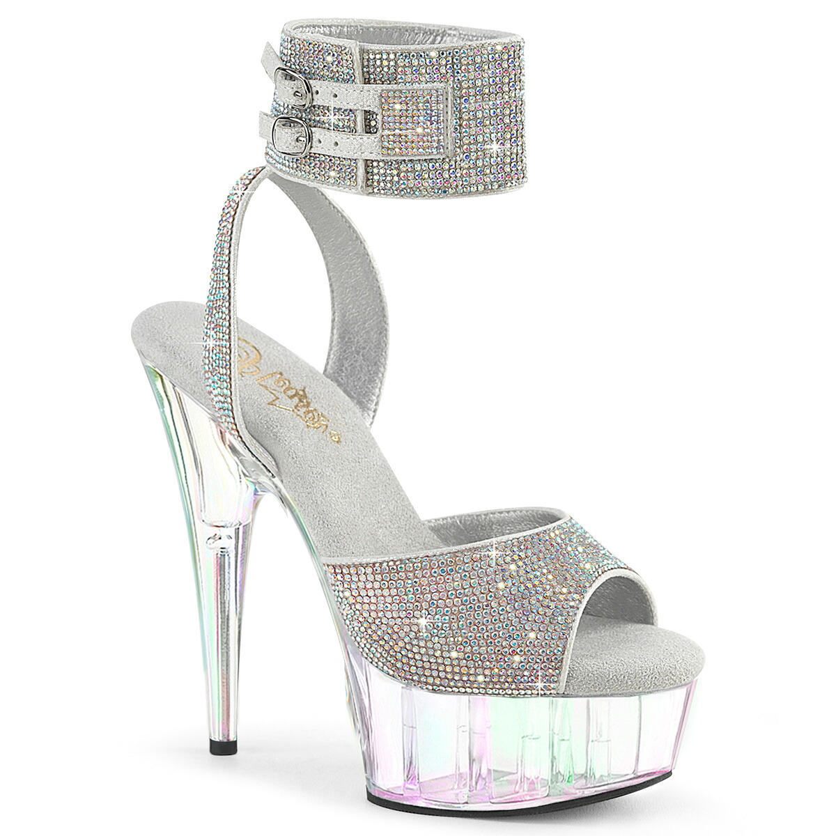 PLEASER　DELIGHT-691HTRS プリーザー　レディース ホログラフィック ティント プラットフォーム オープントゥ ラインストーン デュアルバックルストラップ ワイド アンクルカフ ラインストーン サンダル｜HOT GIRL