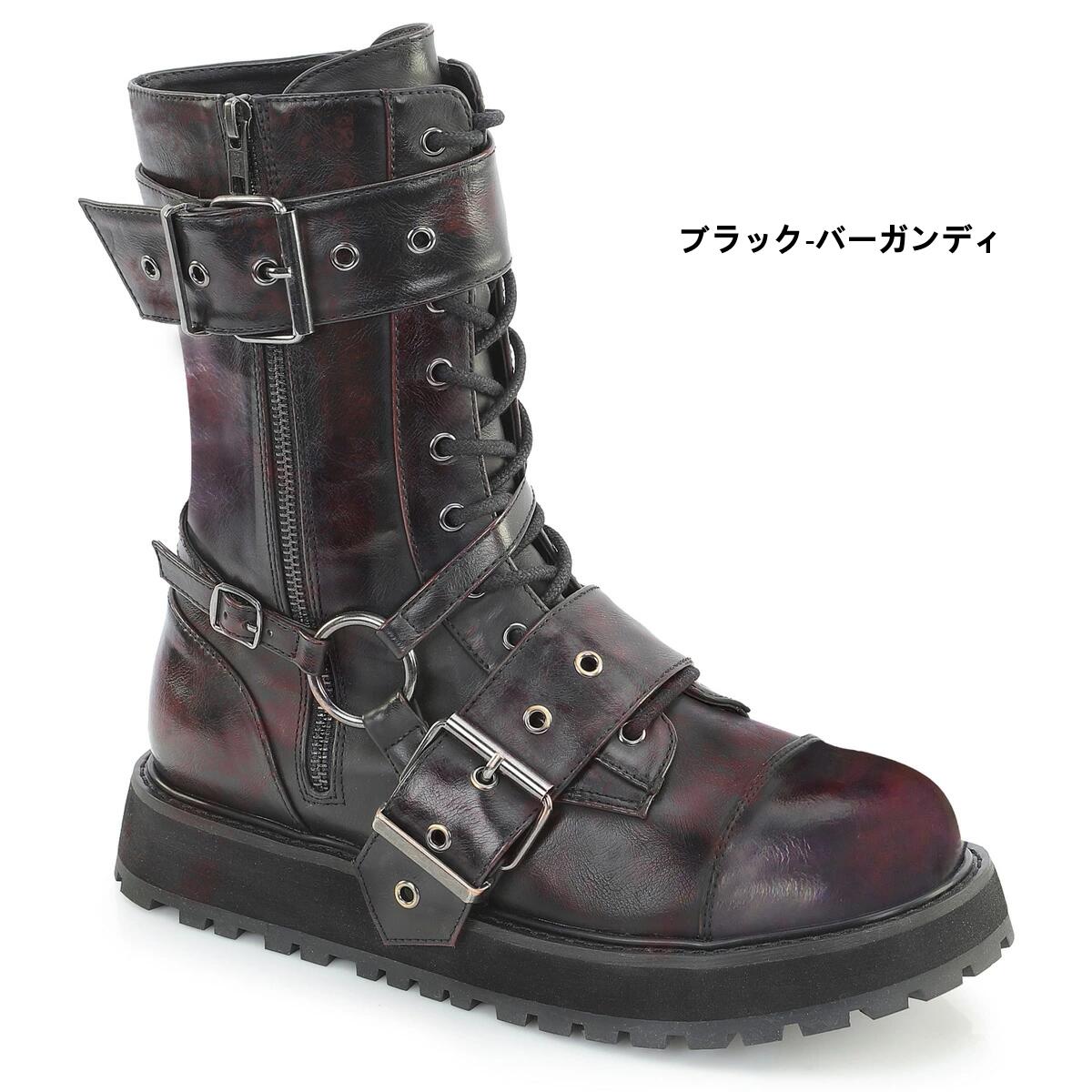 DEMONIA by PLEASER VALOR-220 デモニア ユニセックス Rub-Off ビーガンレザー ハーネスストラップ&2バックルストラップ 編み上げ ハーフブーツ|HOT GIRL