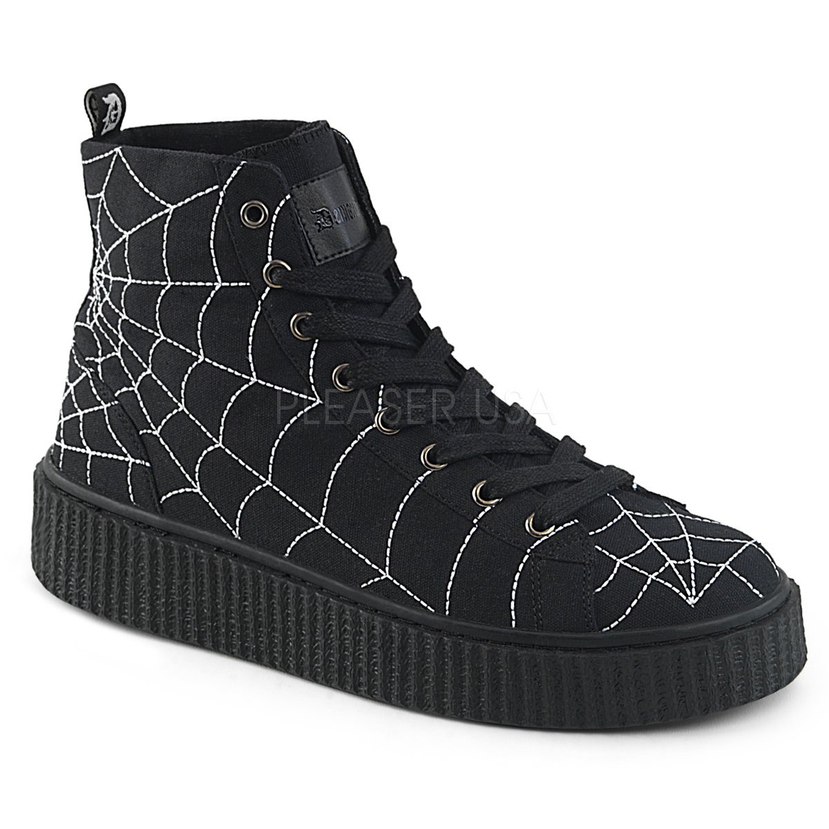 DEMONIA by PLEASER SNEEKER-250 プリーザー ユニセックス プラットフォーム ラバーソール ハイトップ クリーパー スニーカー (スパイダーウェブ刺繡）
