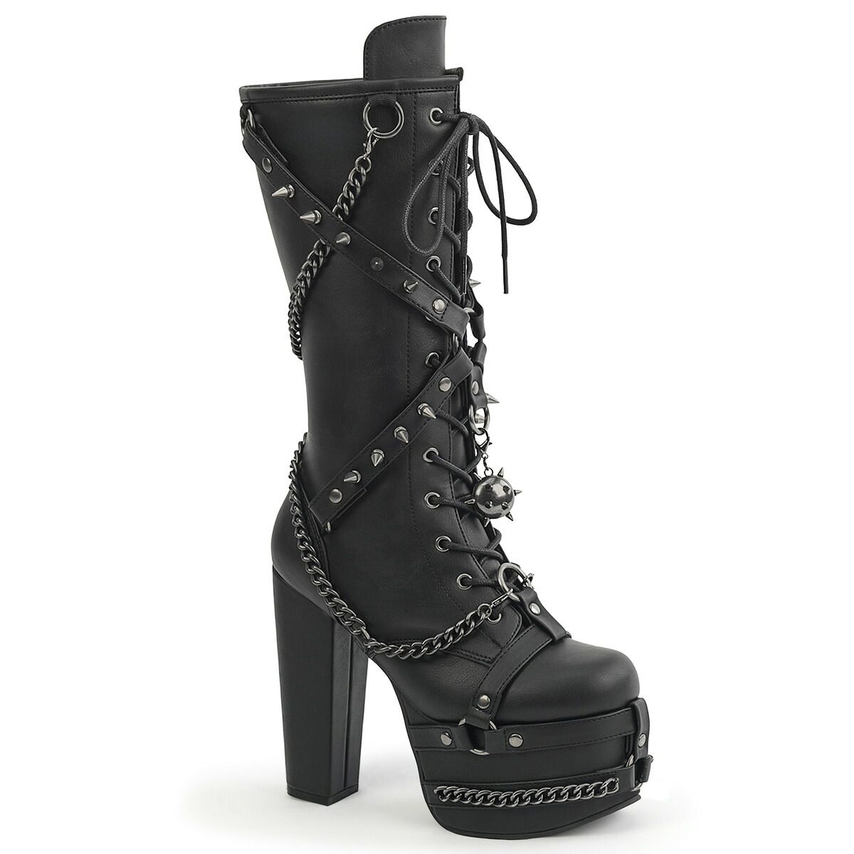DEMONIA by PLEASER TORMENT-156 デモニア レディース 厚底 ハーネスストラップ付き添い人向こう正面プラットホーム スピード競技繰り上げる ニーハイブーツ(はりつけ台 金属元素スパイク 同盟罷工一回り, スパイクボールチャーム\u0026ハンギングチェーン)