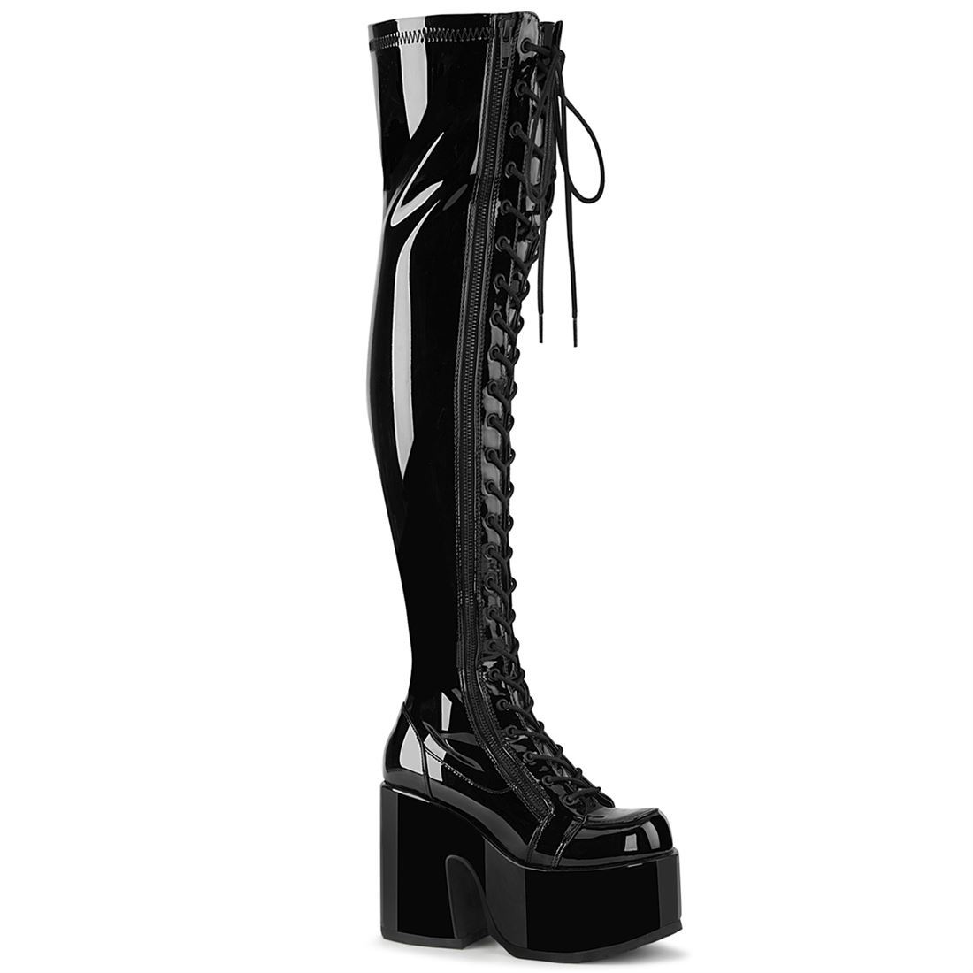 DEMONIA by PLEASER CAMEL-300 プリーザー レディース チャンキーヒール レースアップ ストレッチ サイハイ ブーツ|HOT GIRL