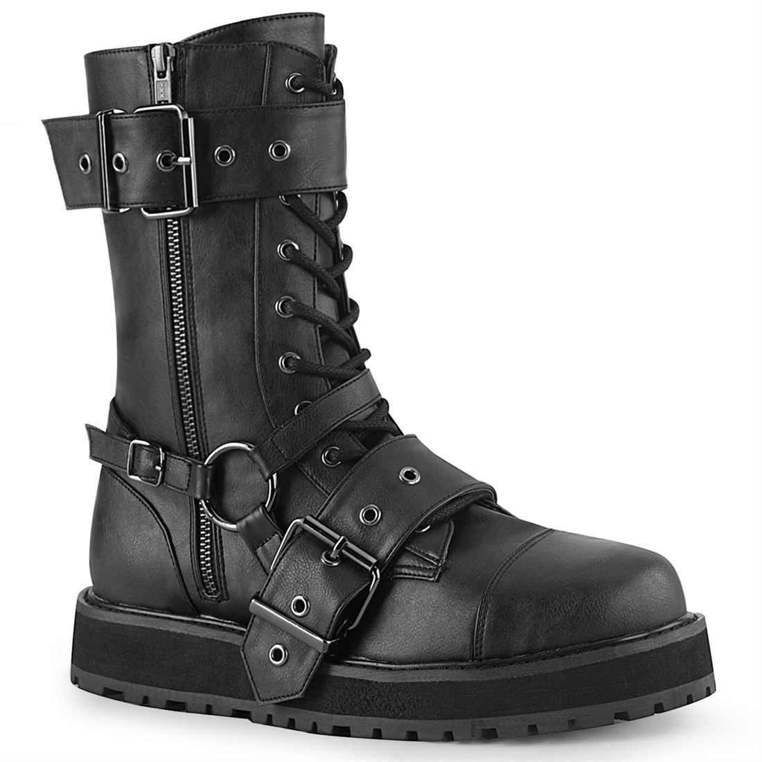 DEMONIA by PLEASER VALOR-220 ユニセックス ハーネスストラップ＆2バックルストラップ 編み上げ ハーフブーツ