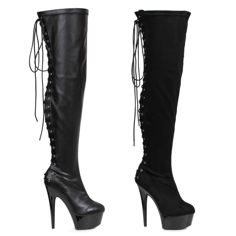 Ellie Shoes 609-FARE Pointed Stiletto Heel Thigh High Stretch Boots レディース スティレットヒール バックレース ストレッチ サイハイ ブーツ ハロウィンコスプレ