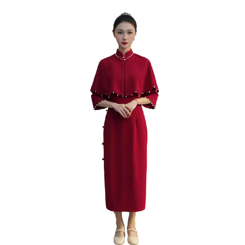 中国の新年レディース真っ赤ショールチャイナドレス敬酒服花嫁御寮長袖言い慣わし御召しもの