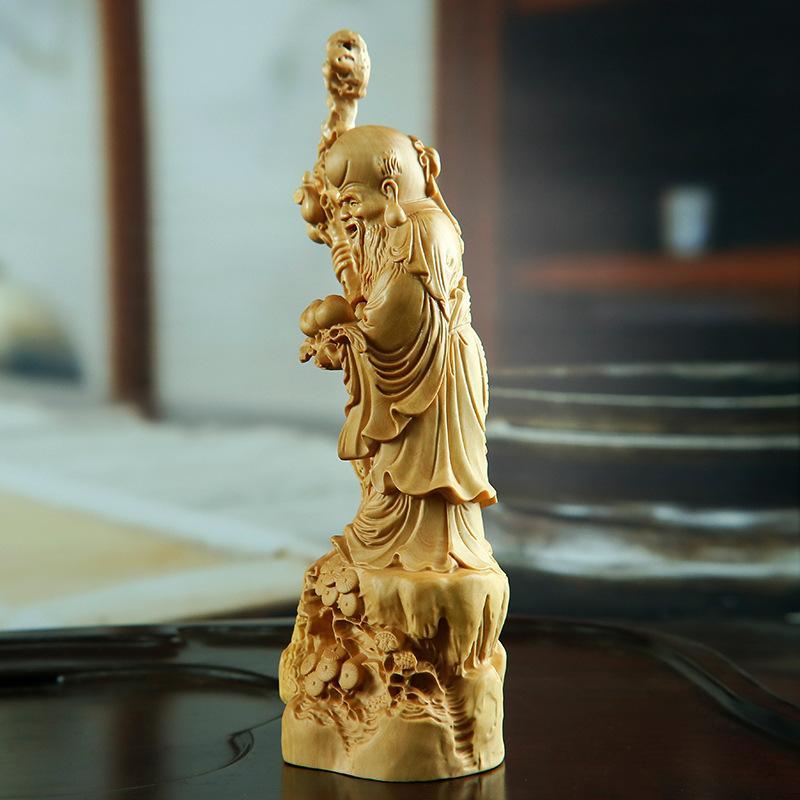 置物 長寿の神様 寿老人 木彫り 工芸品 黄楊木製 つげ 手彫り 縁起物 開運 中国風 リビング 玄関飾り 誕生日 敬老の日 長寿祝い プレゼント｜HOTLINK 8,460円