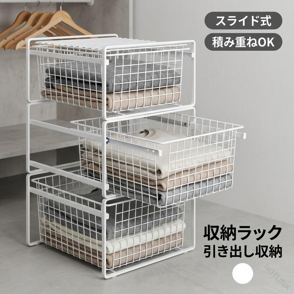 収納ラック アイアン製 ホワイト 幅35cm 奥行43cm 省スペース クローゼット用 衣類整理 引き出し収納 スタッキング 連結 2段 3段 収納棚 シェルフ 収納ボックス 収納ケース 収納家具 衣類収｜HOTLINK