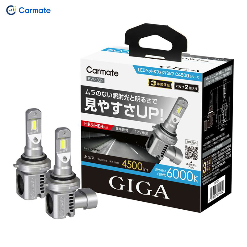 4500lm 6000K DC12V 白色光 GIGA LEDヘッド&フォグバルブ HB3/HB4 2個入 BW5022 カーメイト