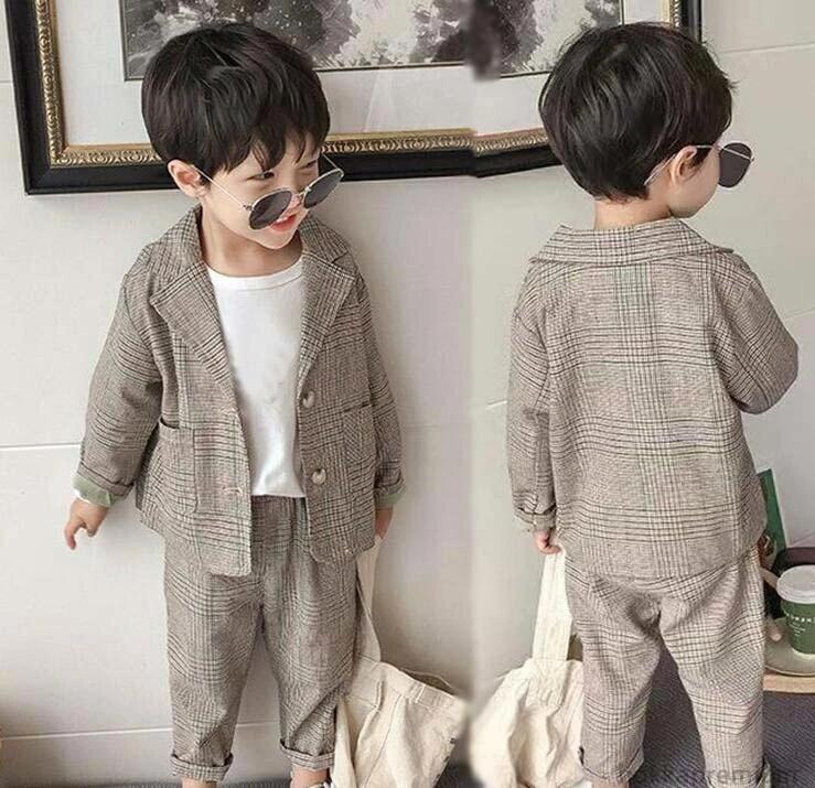 【送料無料】子供スーツ 長袖 男児 男の子スーツ 3点セット ジャケット+パンツ+Tシャツ 子供服 フォーマル チェック柄