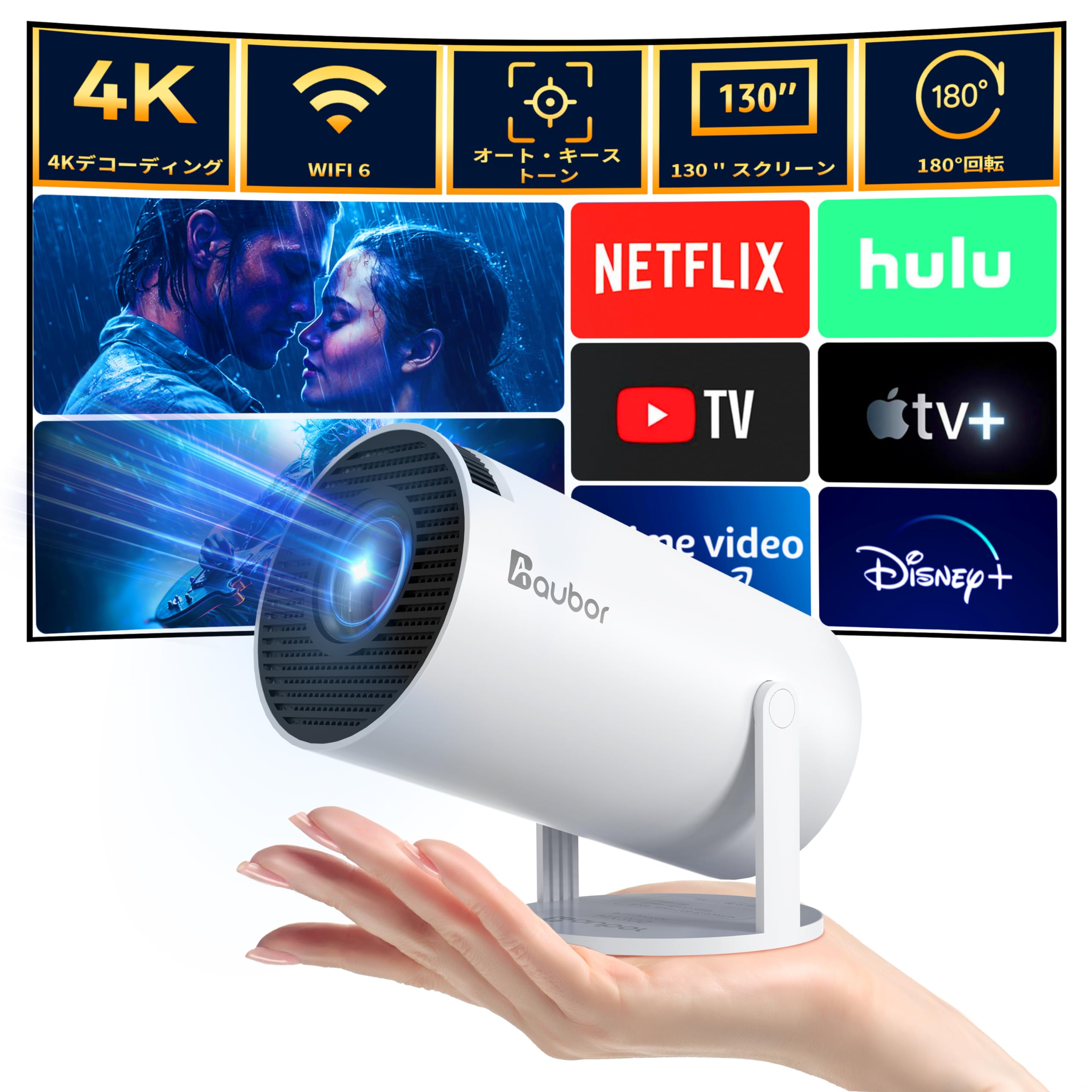 【超小型&180°回転】プロジェクター Android TV 11.0 高輝度 10000lm 家庭用 4K対応 5GWiFi Bluetooth5.0 自動台形補正短距離投影 HIFIスピーカー内蔵天井投影 iOS/Android/Windows/TVStick/HDMI/USB/PS5/DVDプレイヤー接続可 取扱書 送料無料