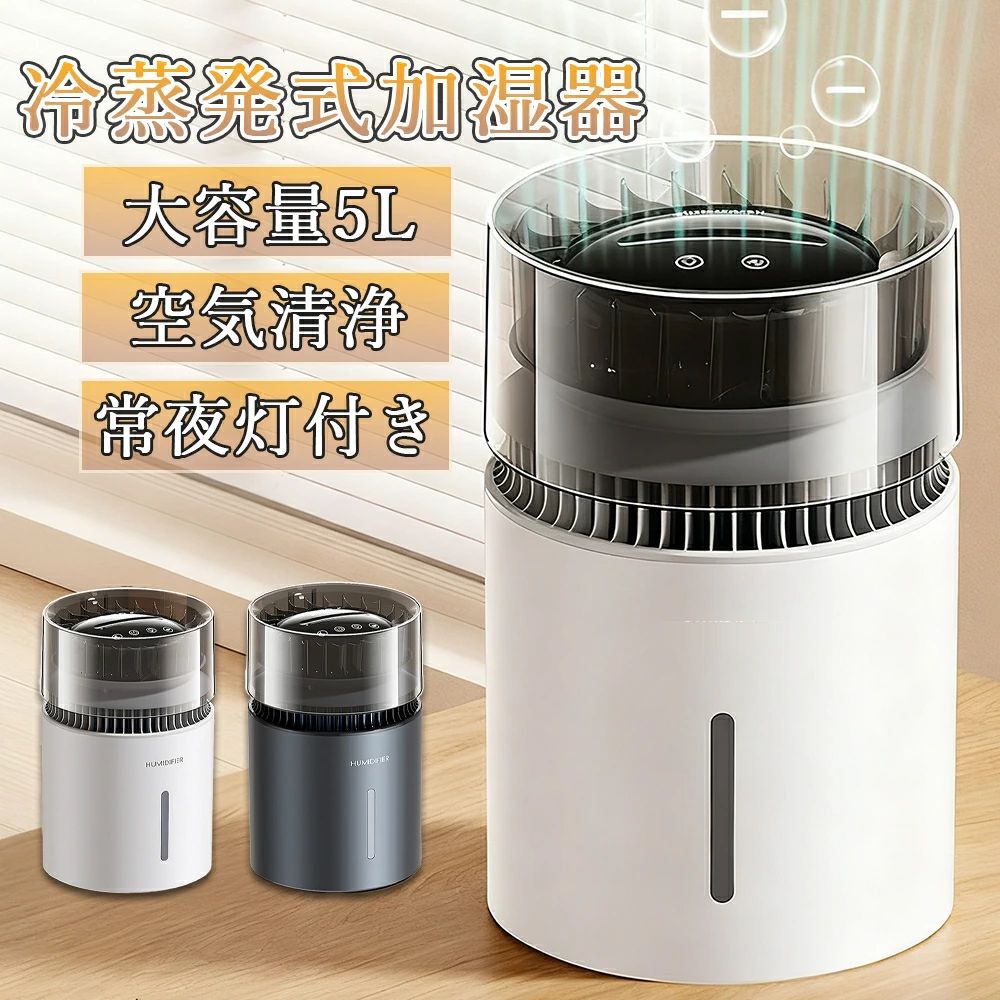 加湿器 大容量 5L 冷蒸発式 【無霧・マイナスイオン・常夜灯付き】除菌 浄水 上から給水 100段階調整 切タイマー USB 給電 空焚き防止 水漏れ防止 花粉 乾燥対策 省エネ 寝室/リビング/オフィス 家庭用 お手入れ簡単