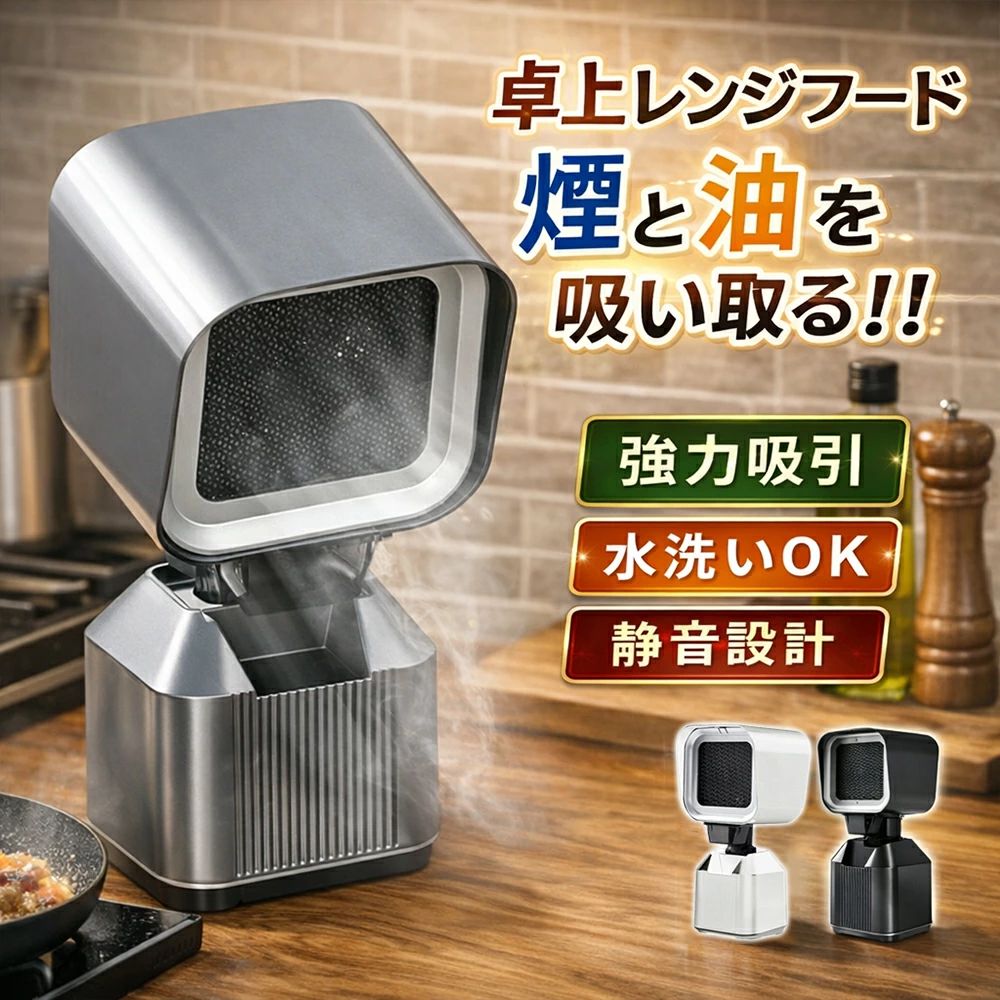 卓上レンジフード 卓上吸煙機 卓上換気扇 ポータブル換気扇 焼肉煙吸引器 家庭用 低騒音 強力吸引 2段階風力調整 移動可能 二重層油煙フィルター 3600rpm高性能 無煙焼肉 鍋料理 焼き肉プレート 小型換気扇 ミニ換気扇