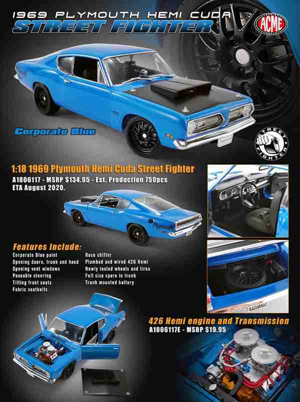 史上最も激安 ミニカー トイカー Bonnet Black With Blue Fighter Street Cuda Hemi プリムス バラクーダ 青 Plymouth ミニカー 1 18 Acme 1969 Limited Pieces アメ車 限定予約商品 930 To Dgb Gov Bf