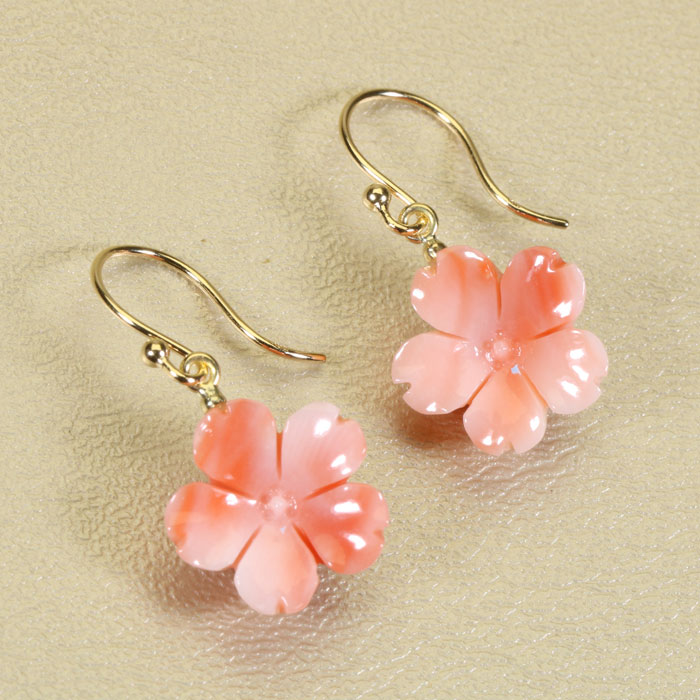 深海珊瑚 イヤリング ピンク 桜 花 K18YG 18金 イエローゴールド 深海珊瑚 イヤリング ピンク 桜 花 K18YG 18金 イエローゴールド