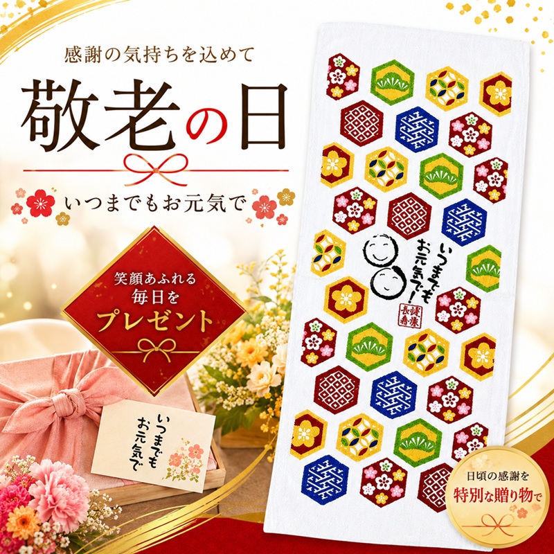 【お得なセット販売】【健康長寿フェイスタオル＜亀甲柄＞】敬老の日 おじいちゃん おばあちゃん 敬老会 プレゼント プチギフト ギフト 粗品 ノベルティ 老人ホーム 介護施設 デイサービス 福祉 老人会 病院 健康 長寿｜イベント企画ノベルティセンター