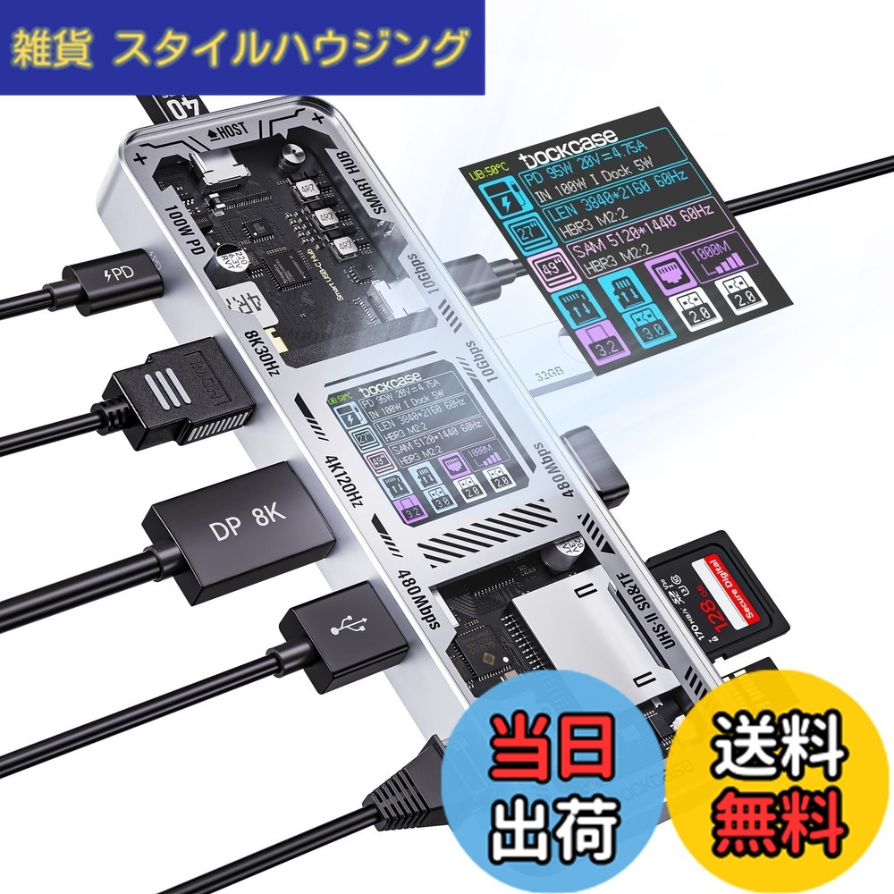 【送料無料】DOCKCASE 10-in-1 usb c ハブ スケルトン設計、4K@60Hz HDMI＆DP、Gigabit Ethernet、USB-CとUSB-A 10Gbpsデータポート搭載、100w PD急速充電、UHS-II TF/SDスロット MacBook Air/Pro, XPSなど対応 (Silver)