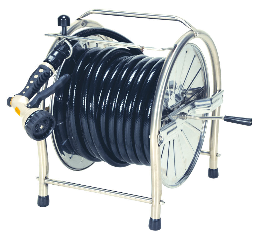 ホース日之出化成 耐圧農園ホース３０ｍ付 ステンレスホースリールセット ハウジングサポートプラザ さびにくいステンレスリールに耐圧防藻耐寒ホース をセットした最高級ホースリールです