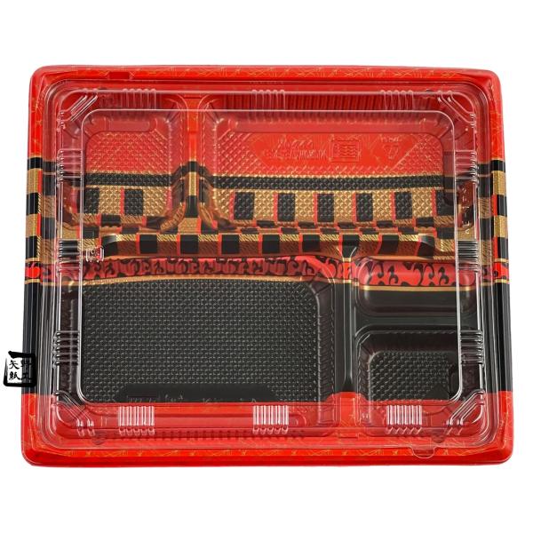 【屋号必須】弁当容器 KE-1A 赤帯A 240&times;202&times;34(フタ15)mm 内嵌合 本体蓋セット 1セット各800枚入 北原産業｜包材の蔵　店