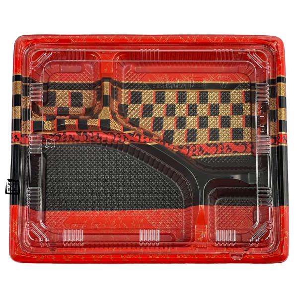 【屋号必須】弁当容器 KE-1B 赤帯A 240×202×34(フタ15)mm 内嵌合 本体蓋セット 1セット各800枚入 北原産業