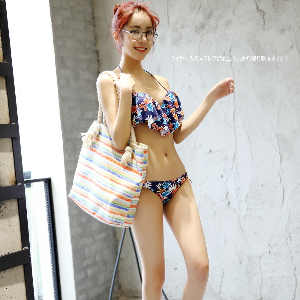 楽天市場 水着 トレンド 水着 レディース ヤシ柄 フレア ビキニ 水着 3点セット 送料無料 S M L 通販 楽天 フリル セパレート Mizugi ホユキ楽天市場店