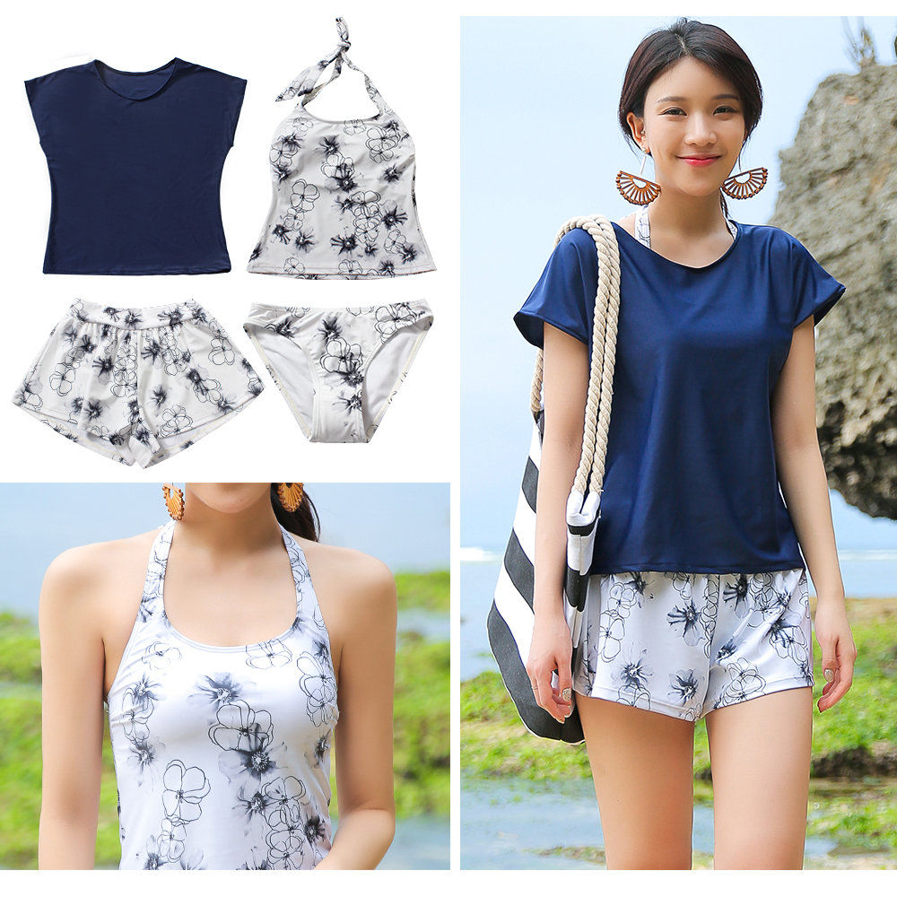 水着 4点セット タンキニ ビキニ Tシャツ 花柄 ネイビー ブラック 体型カバー ママ 30代 40代 50代 太もも ヒップ プレセント S M L Ll ホルダーネック ロンパース ビーチ リゾート Marcsdesign Com