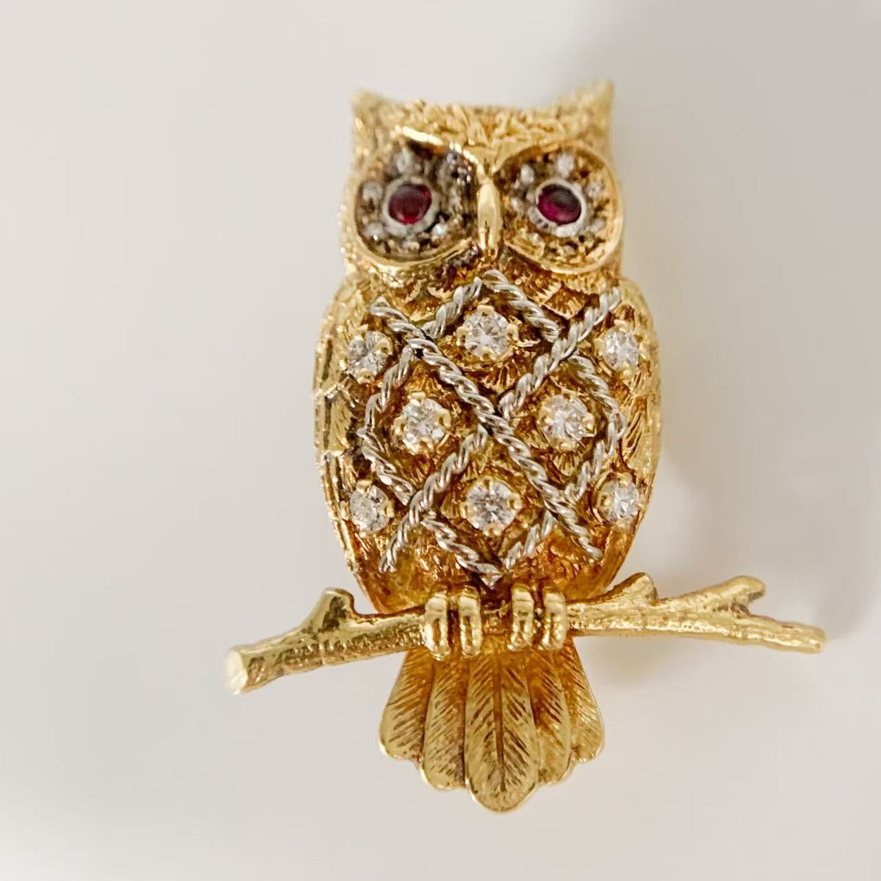 【中古】E. Wolfe &Co. エドワードウルフ＆カンパニー K18 フクロウ モチーフ ダイヤモンド ルビー　 750ブローチ