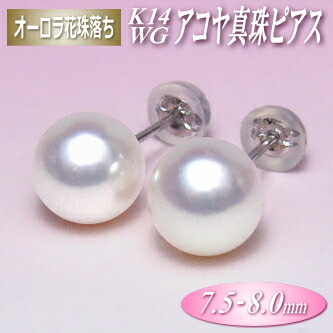 オーロラ花珠落ち アコヤ真珠 K14ホワイトゴールド ピアス 7.5-8.0mm ( 真珠 パール あこや真珠 本真珠 真珠ピアス パールピアス )｜エイチパールドットコム店 18,150円