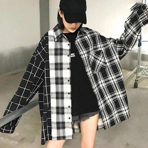 チェックシャツ 柄シャツ アシンメトリー ビッグシルエット パッチワーク モノトーン 原宿系 ファッション レディース ゆめかわいい 服 奇抜 派手 個性的｜HRDショップ