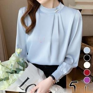 ブラウス レディース 長袖ブラウス 秋服 オフィスブラウス 白パール オシャレブラウス シフォントップス 韓国風 大人 通勤OL ゆったりシャツ 40代 50代