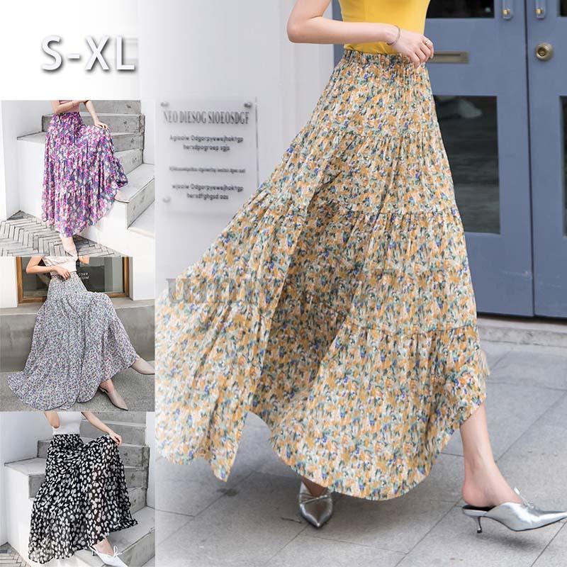 レディース スカート フレアスカート 花柄 プリーツスカート シフォン ロングスカート マキシスカート ゆったり オシャレ 涼しい ボトムス 春 夏 旅行 リゾート