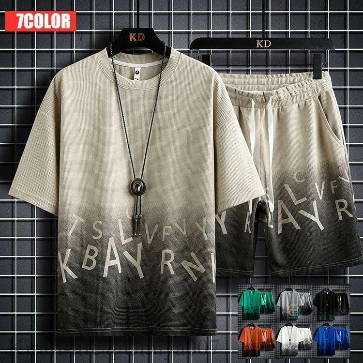 夏新作グラデーション ジャージ 上下 メンズ 半袖 Tシャツ ハーフパンツ ワッフル編み 英字 スウェット 上下セット おしゃれ スポーツウェア ルームウェア ジャ