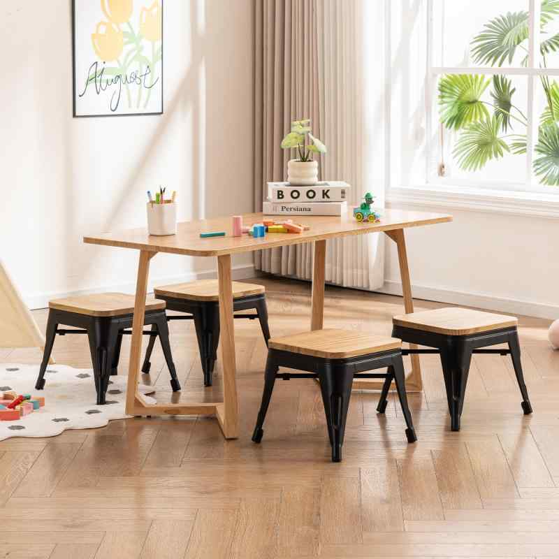 YOUNUOKE スタッキングチェア 4脚セット 木製座面 メタル脚 組立不要