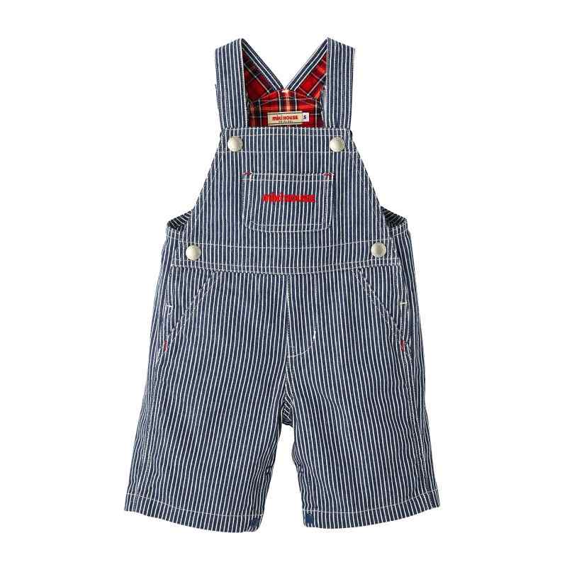 [ミキハウス] オーバーオール 7分丈 ロゴ ヒッコリー サロペット パンツ 男の子 女の子 ベビー キッズ ベビー服 子供服 10-3340-492