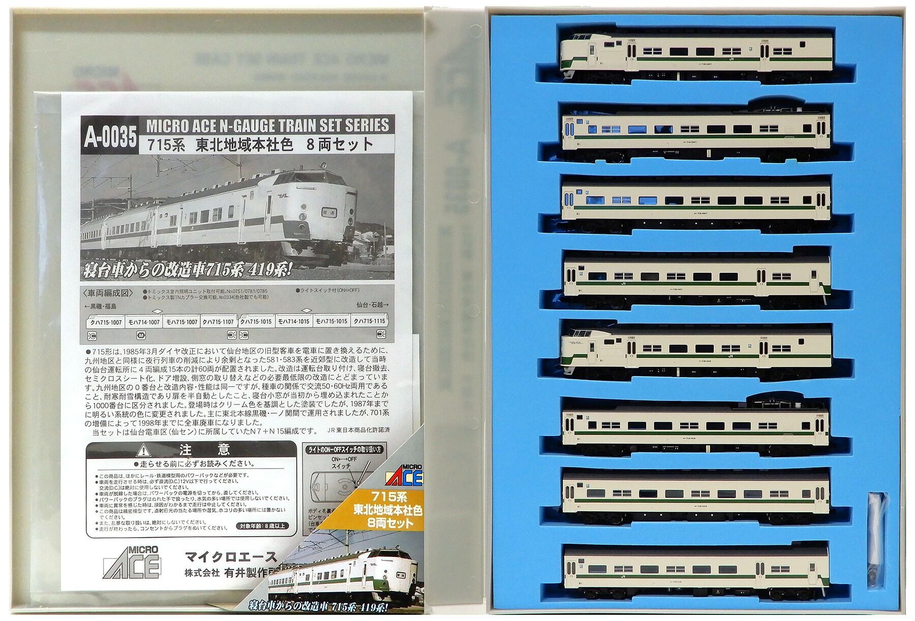 【中古】Nゲージ マイクロエース A0035 715系 東北地域本社色 8両セット 【C】 クハ715-1107・クハ715-1015 : 両先頭側ボディマウントTN-SPに交換 / スリーブ傷み