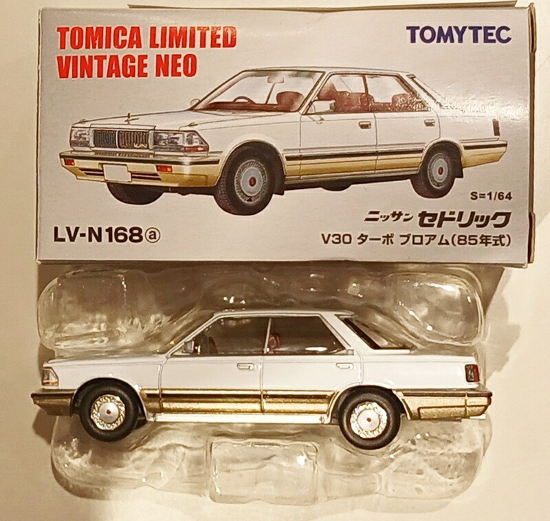 【中古】1/64 TOMYTEC(トミーテック) トミカリミテッドヴィンテージNEO LV-N168a 日産セドリック V30 ターボブロアム(白/金) 【D】 外箱傷み、塗装ざらつき　※メーカー出荷時からの塗装ムラ等はご容赦ください。｜ホビーランドぽち　店