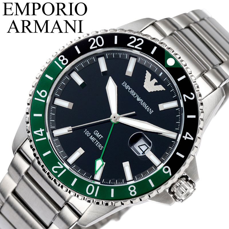 エンポリオ アルマーニ 腕時計 EMPORIO ARMANI 時計 GMT デュアルタイム メンズ 腕時計 ブラック グリーン ツートンベゼル AR11589 人気 おすすめ おしゃれ ブランド プレゼント ギフト 海外 出張 旅行 ビジネス 海外駐在