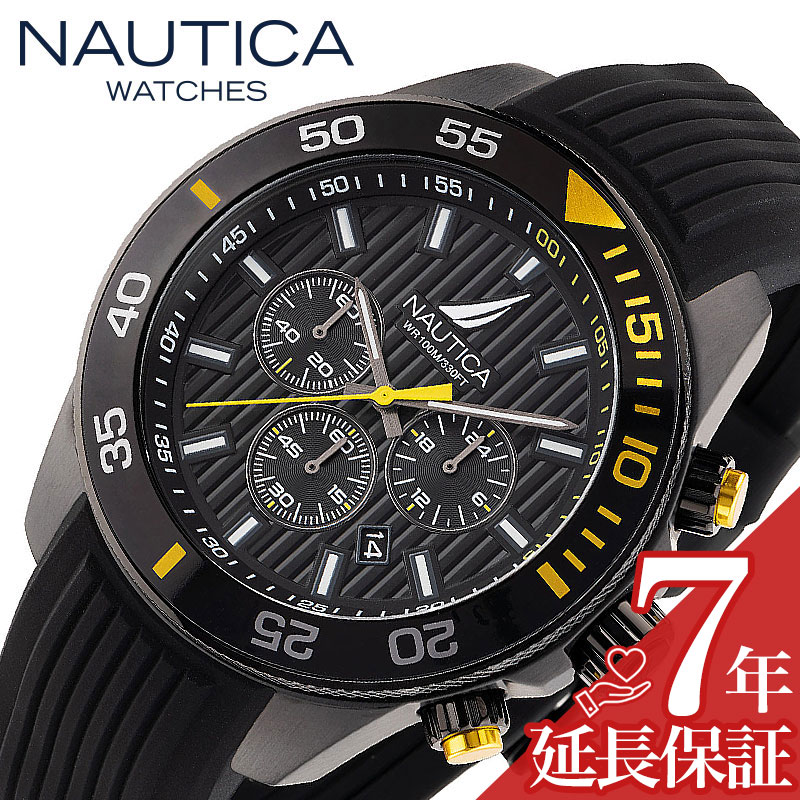 ノーティカ 腕時計 NAUTICA NAUTICA ONE 時計 ノーティカワン メンズ 腕時計 ブラック イエロー クロノグラフ サーフィン ラバー NAPNOS302 カジュアル スポーティ 海 ヨット 大きめ ビッグフェイス 人気 おすすめ おしゃれ ブランド プレゼント ギフト