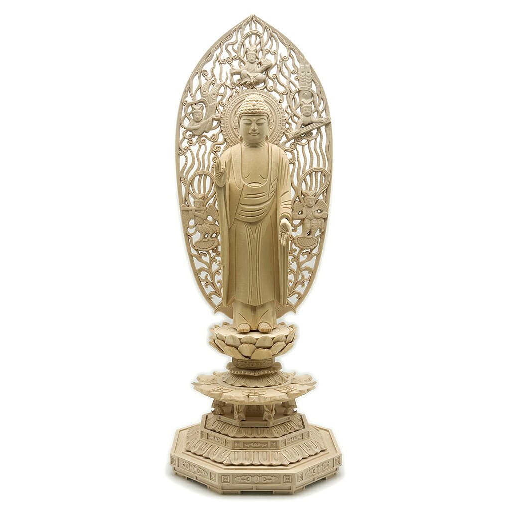 【 阿弥陀如来 仏像 立像 6.0寸 】 仏像彫刻 阿弥陀如来 阿弥陀 木彫り 仏像 木彫 飛天光背 八角台 仏壇用品 置物 桧木 仏具 厄除け ご本尊 供養 法事 仏教 ヒノキ製 白木 コンパクト 天台宗 浄土真宗 阿弥陀像 守護仏 極楽浄土 阿弥陀佛 無量寿仏｜HU貿易店