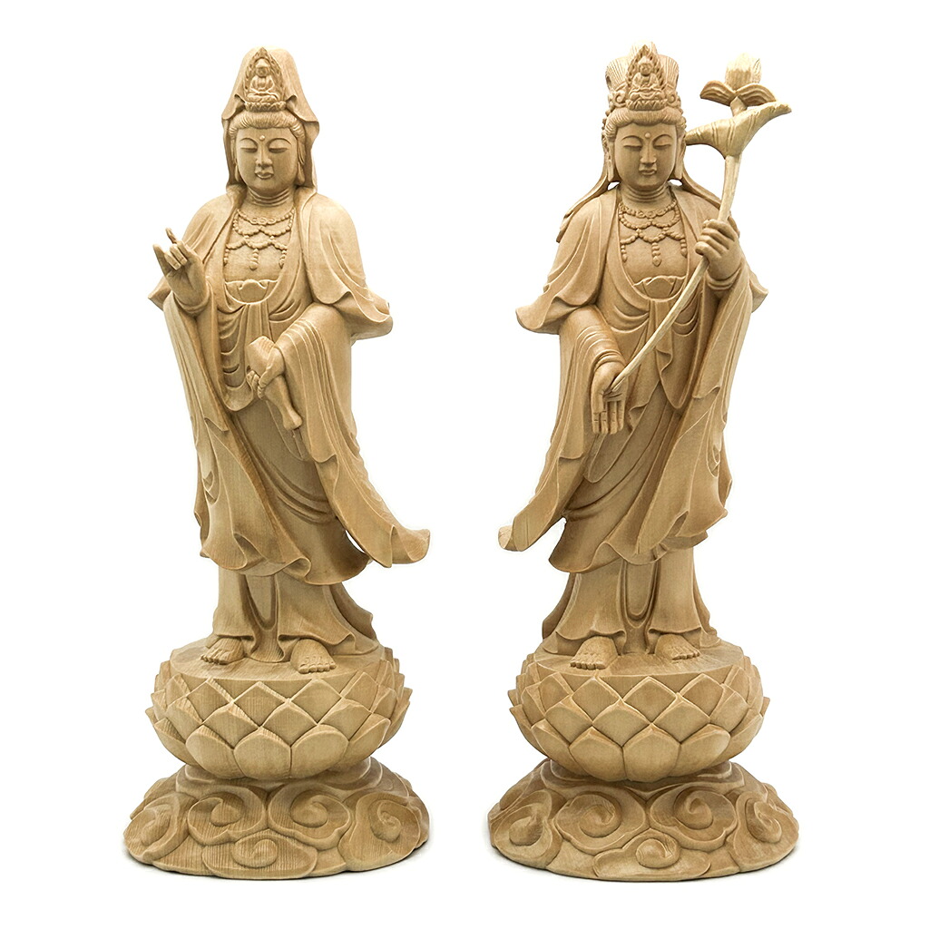 【 観音菩薩 勢至菩薩 立像 / 総高32cm 】 観音勢至 木彫り 仏像 開眼 仏壇用品 木彫 置物 木 仏具 ご本尊 手元供養 供養 法要 法事 ヒノキ材 観音 勢至 観自在 観自在菩薩 慈救 救済 智慧 光明 坐像 阿弥陀三尊 西方三聖 脇侍仏 一本彫り 浄土宗 浄土真宗｜HU貿易店