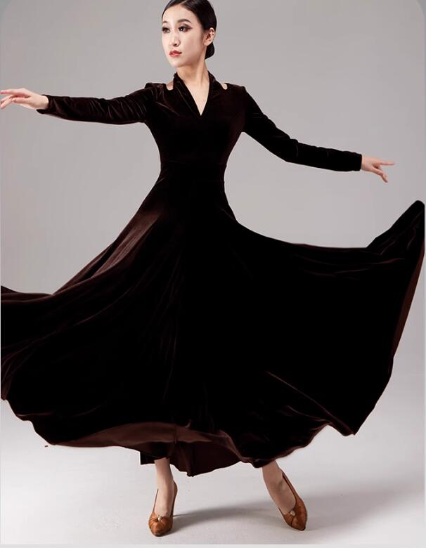 上品★新作★社交ダンス専用ダンス ドレス 優雅 演出服 競技用 ワルツドレス 高級感 エレガント 人気 ステージ衣装 踊りドレス 大人 イベント服 スタンダダンス 長袖 可愛い 大人気 格好良い 華やか S/M/L/XL/2XL/3XL ベルベット Vネック 厚手｜huayu店