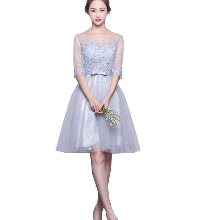 送料無料 ピアノ Aラインドレス 膝丈 ショートワンピース ウェディングドレス 編み上げ ファスナー ピアノ 二次会 花嫁 グレー パーティードレス 結婚式 披露宴 成人式 謝恩会 花嫁 大きいサイズ 袖あり イブニングドレス 編み上げ ファスナー 代30代 刺繍 袖あり