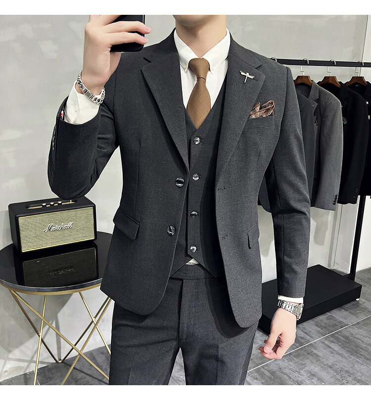 送料無料スリーピーススーツ 細身 通勤 メンズスーツ 3点セット 長袖ジャケット+ズボン+ベスト礼服 上質 高級感 スタイリッシュ 紳士服 3ピーススーツ スリム 事務服 仕事用 結婚式 花婿 前撮り フォーマルスーツ セットアップ 撮影 花婿の介添え 紳士服 発表会 司会|huayu店