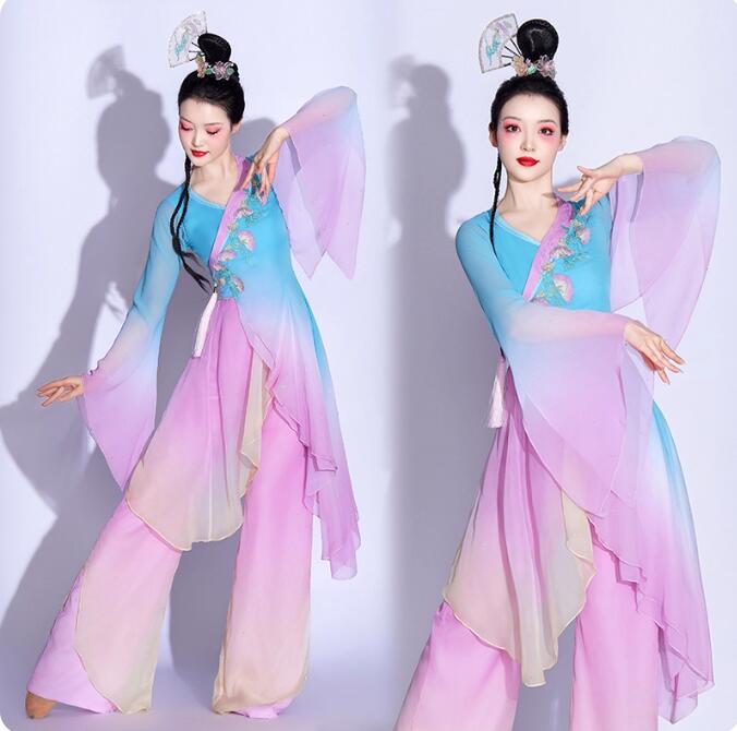 送料無料中国古典舞踊ダンス衣装 中華ダンス衣装 グラデーション2点セット ロングトップス +ガウチョパンツ チャイナ風民族ダンス 古典バレエ衣装 モダン ダンス レディース 社交ダンス衣装 練習着 レッスンウエア 民族ダンス衣装 飄逸 舞台 ステージ衣装 Size:S-4XL