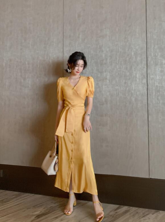 魅力的な ワンピース ワンピース レディース ロング丈ワンピース 夏秋冬 キャバドレス キレイめ 体型カバー カジュアル ファンション 通勤 Ol 可愛い エレガント セクシードレス タイトワンピース 代30代40代 S M L Vネック セクシー 無地 イェロー 無料長期保証